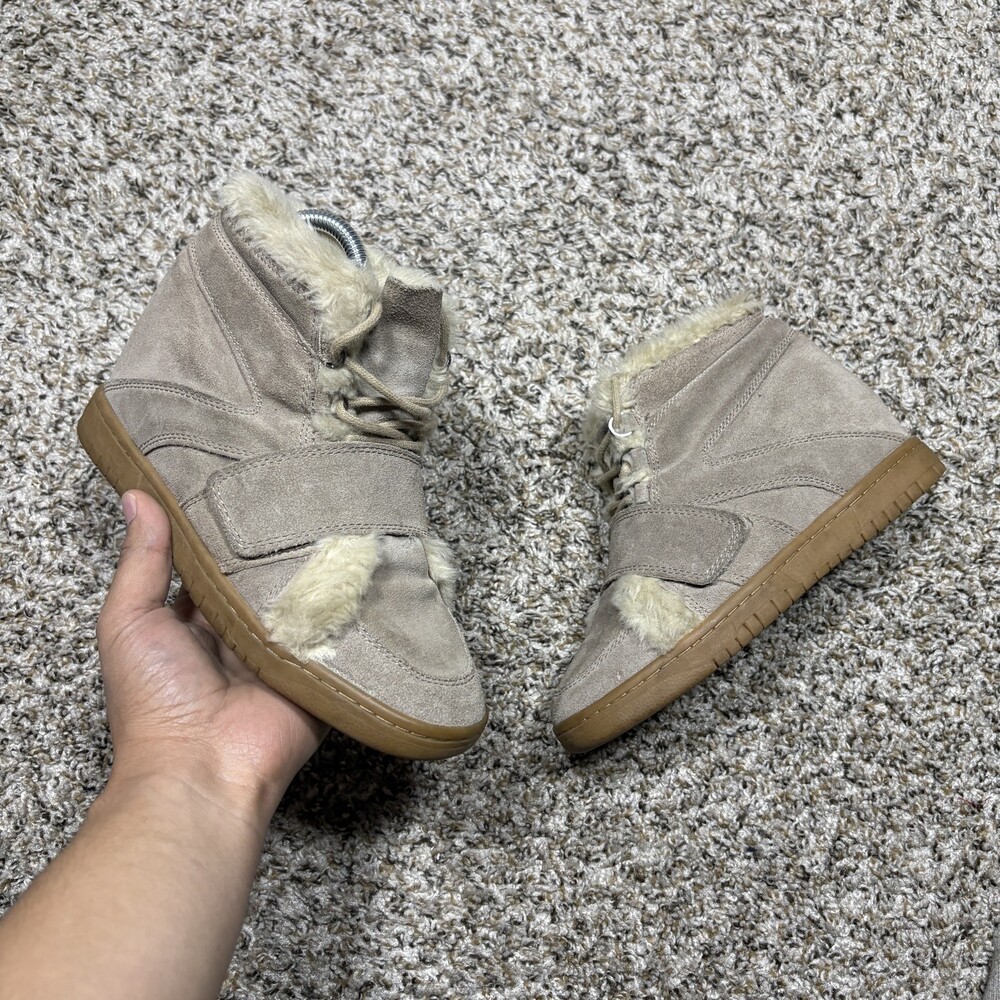 Zara TRF Suede Hidden Wedge Sneakers Tan Faux Fur Trim Lace Up Boots EU 38
